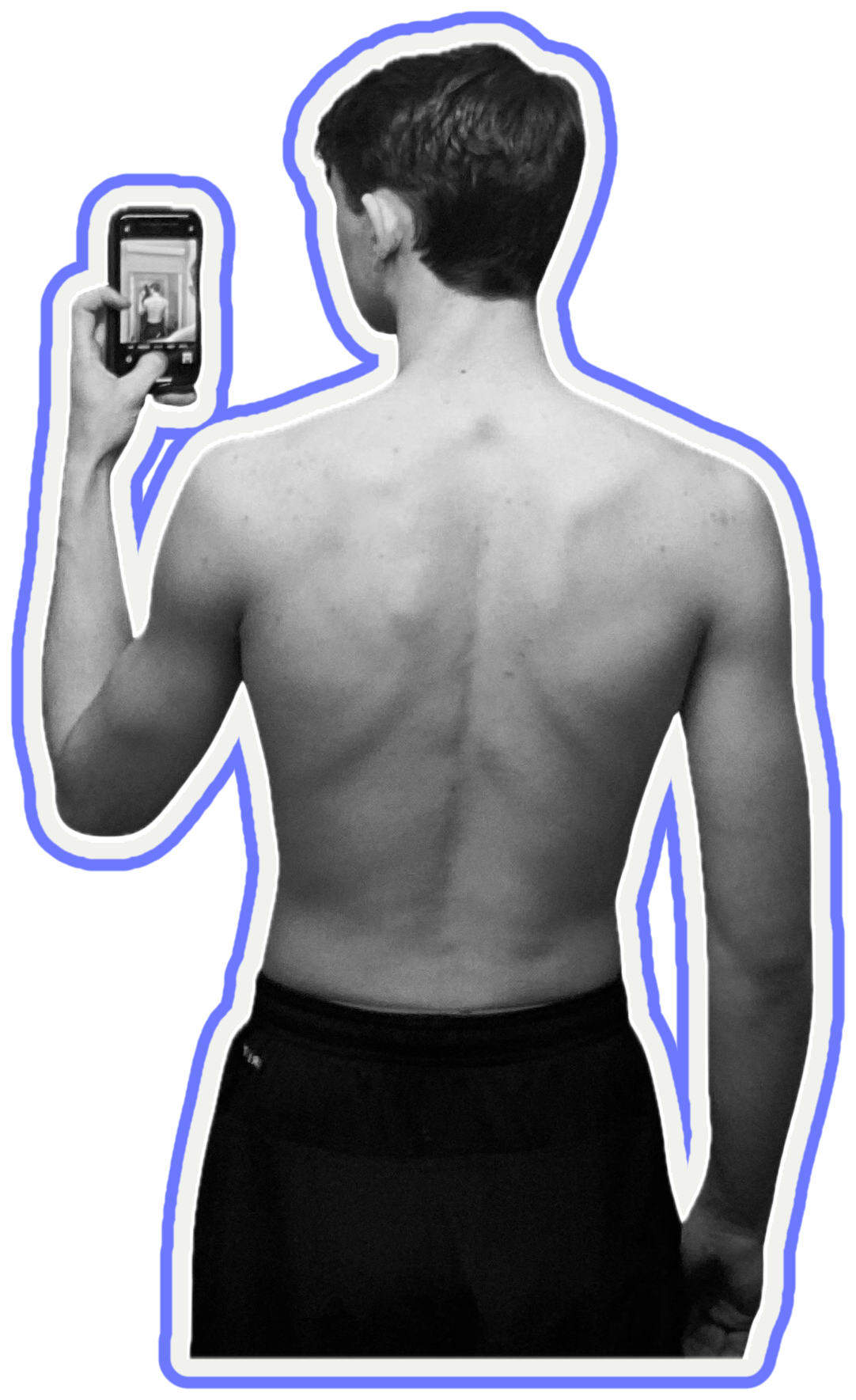 Noah's earlier back physique, taking a mirror photo