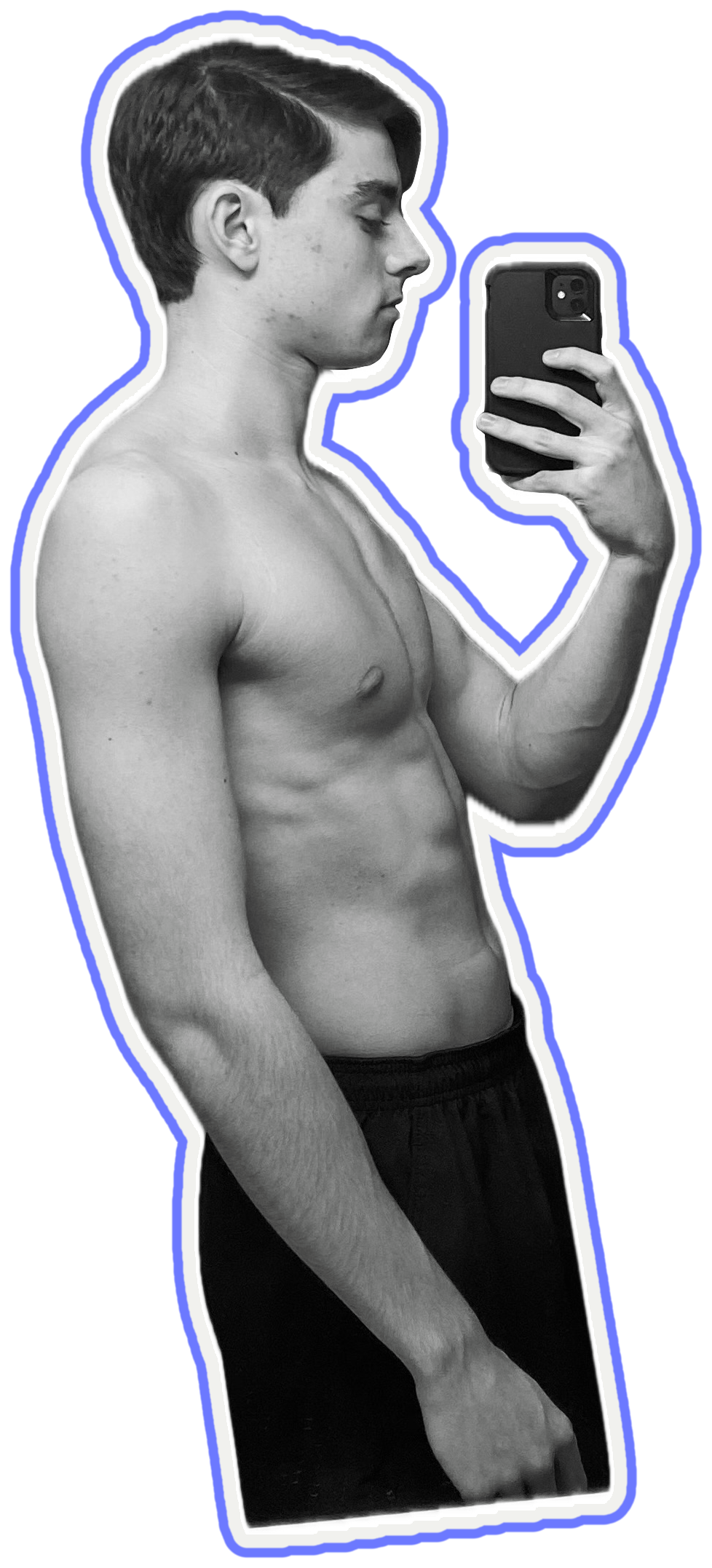 Noah's earlier side-profile physique, taking a mirror photo